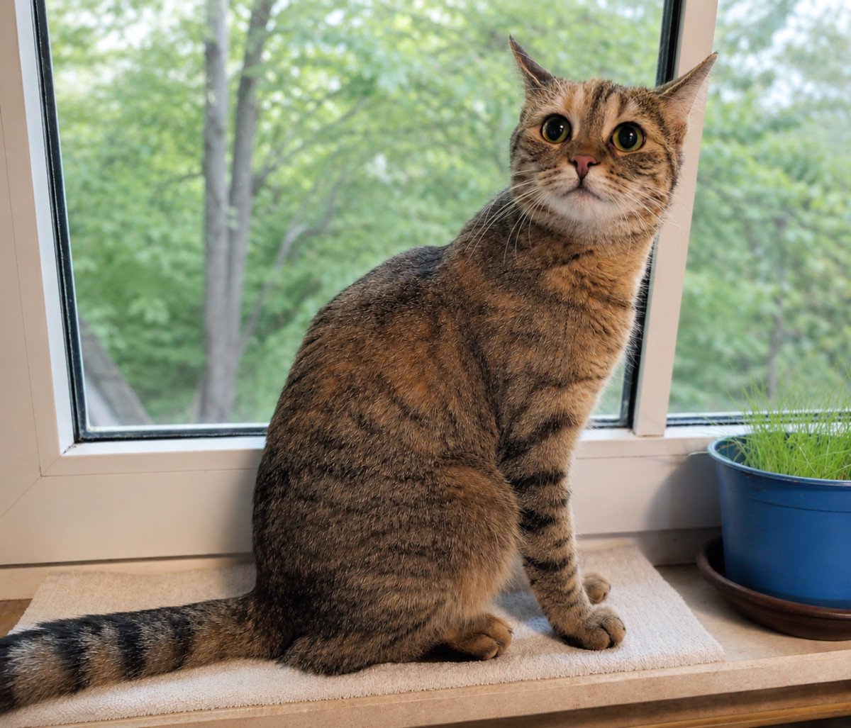 Katze Lilly sitzt aufmerksam auf dem Küchenfensterbrett vor einem großen Fenster. Draußen ist viel grünes Laub zu sehen. Lilly schaut mit großen neugierigen Augen direkt in die Kamera, während neben ihr ein Topf mit frischem Katzengras steht. Lilly-20260527-1
