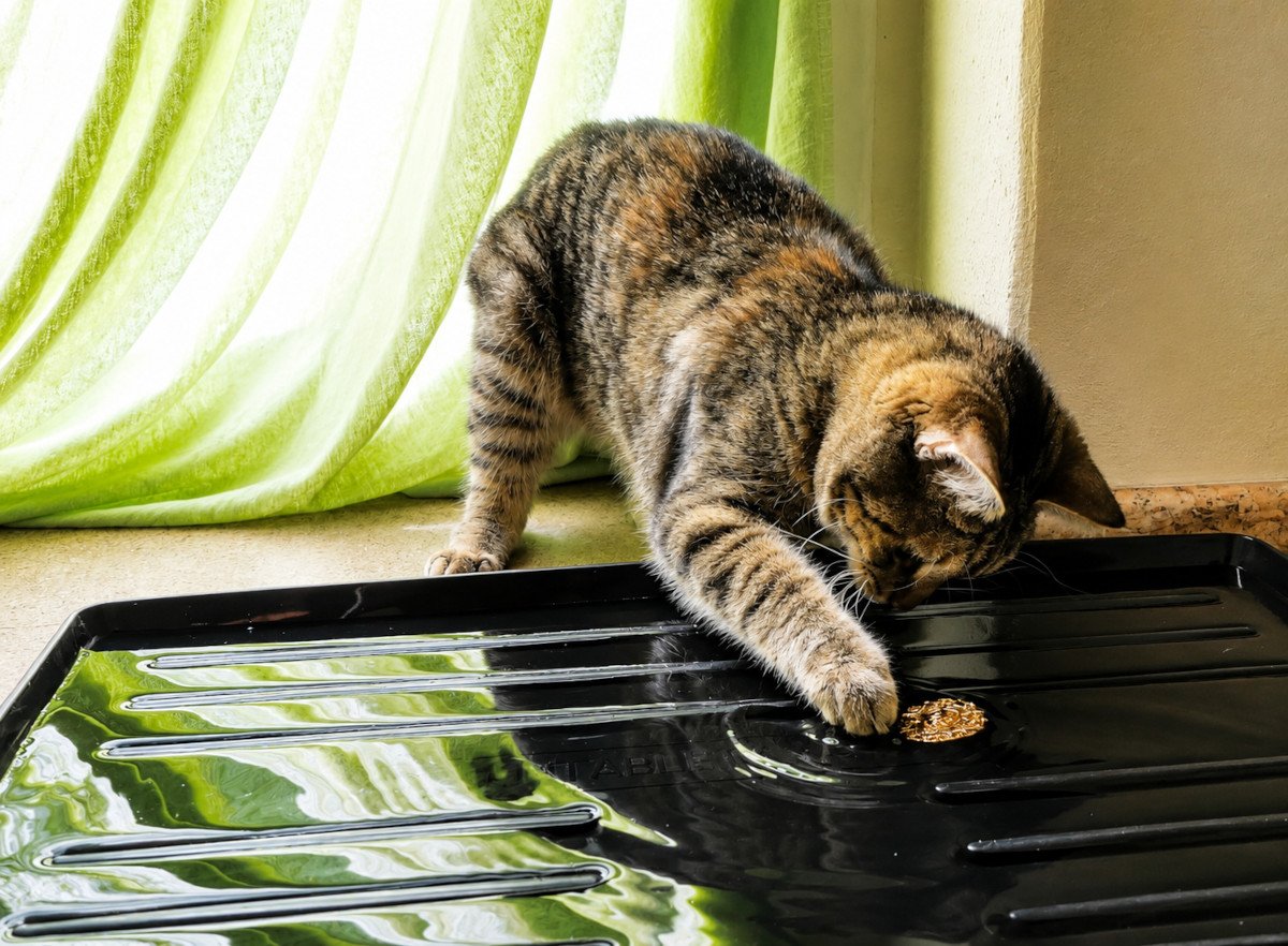 Katze Lilly steht vor einer großen schwarzen flachen Schale, die mit Wasser gefüllt ist. Mit einer ausgestreckten Vorderpfote tastet sie vorsichtig nach einer goldfarbenen Plastikmünze, die auf der Wasseroberfläche schwimmt. Lilly blickt konzentriert nach unten, während das helle Tageslicht durch einen grünen Vorhang fällt und sich auf der glänzenden Wasseroberfläche spiegelt. Lilly-20260626aa